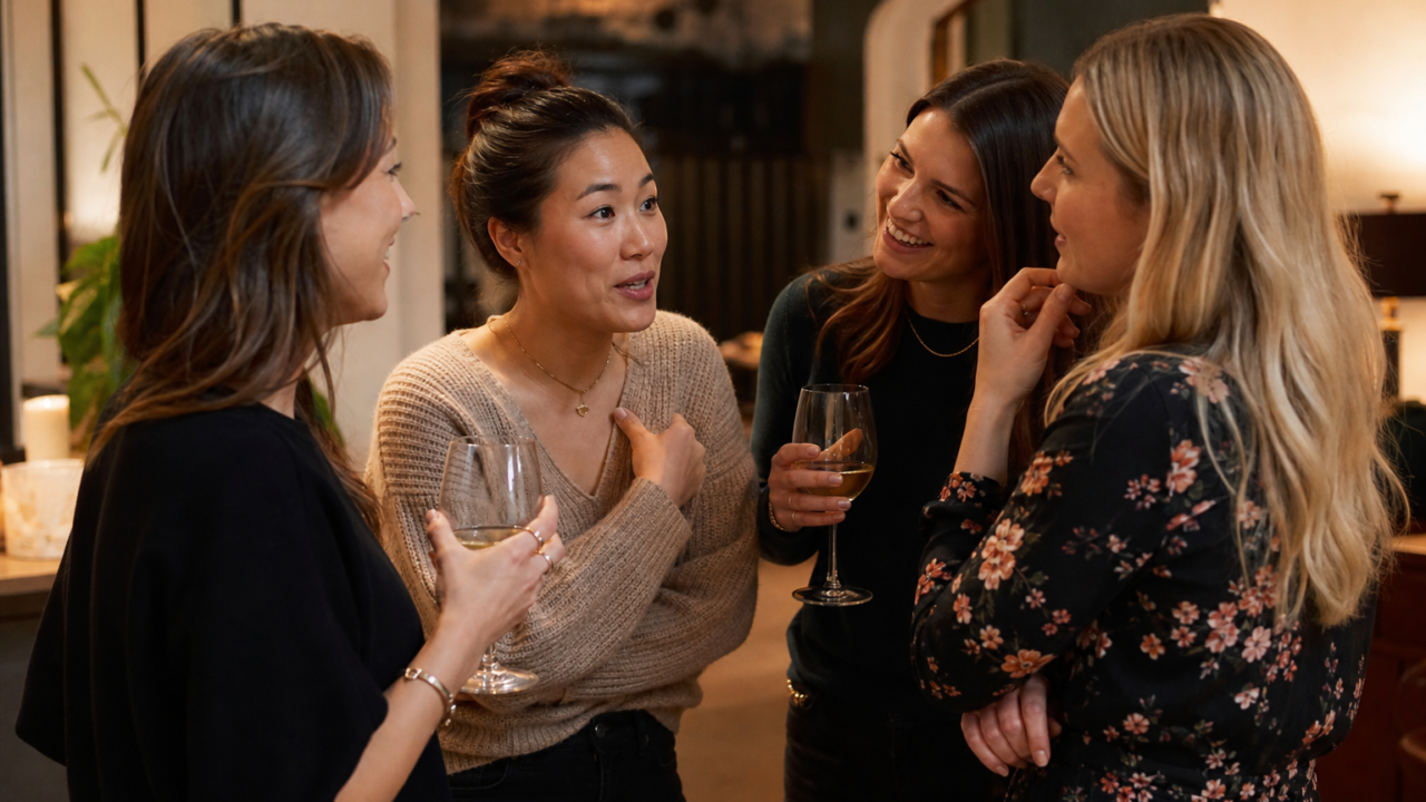 Vier vrouwen praten met elkaar op een borrel en houden wijnglazen vast